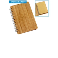 Deluxe Cuaderno Bamboo
CÓDIGO: CCN38 	
Cuaderno Ecológico con Tapas duras punta redondeada 100% de madera de Bamboo de 3mm de espesor, interior 70 hojas lineadas interiores de papel kraft reciclado de 14.3 x 20 cm y anillado metálico doble cero.
• Tamaño: 15 x 22 x 1.3 cm. aprox.
• Colores: Natural (11).
• Impresión en: Serigrafía, Grabado Láser.
